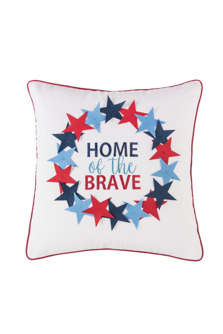 Patriotic "Home Of The Brave" Wreath Pattern Applique Accent Throw Pillow, 18" x 18", Main, color, Blue