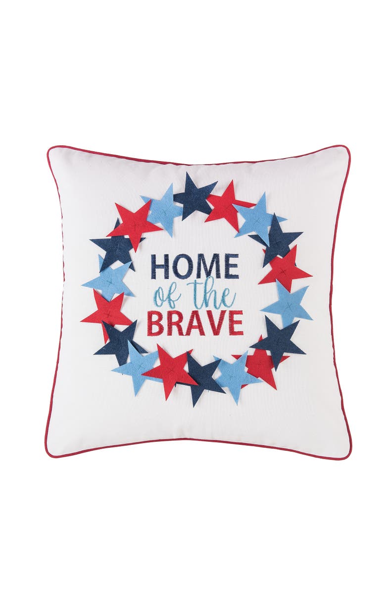 C&F Home Patriotic "Home Of The Brave" Wreath Pattern Applique Accent Throw Pillow, 18" x 18", Main, color, Blue