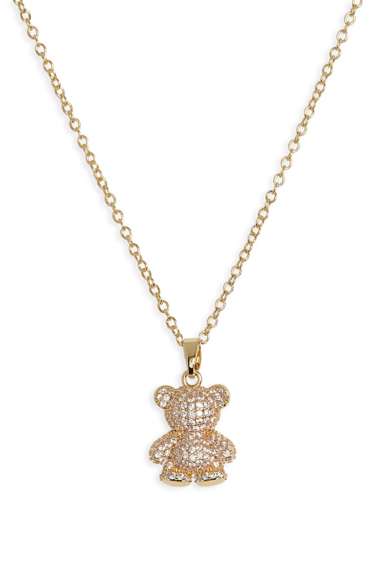Pavé CZ Teddy Bear Pendant Necklace, Alternate, color, CLEAR- GOLD
