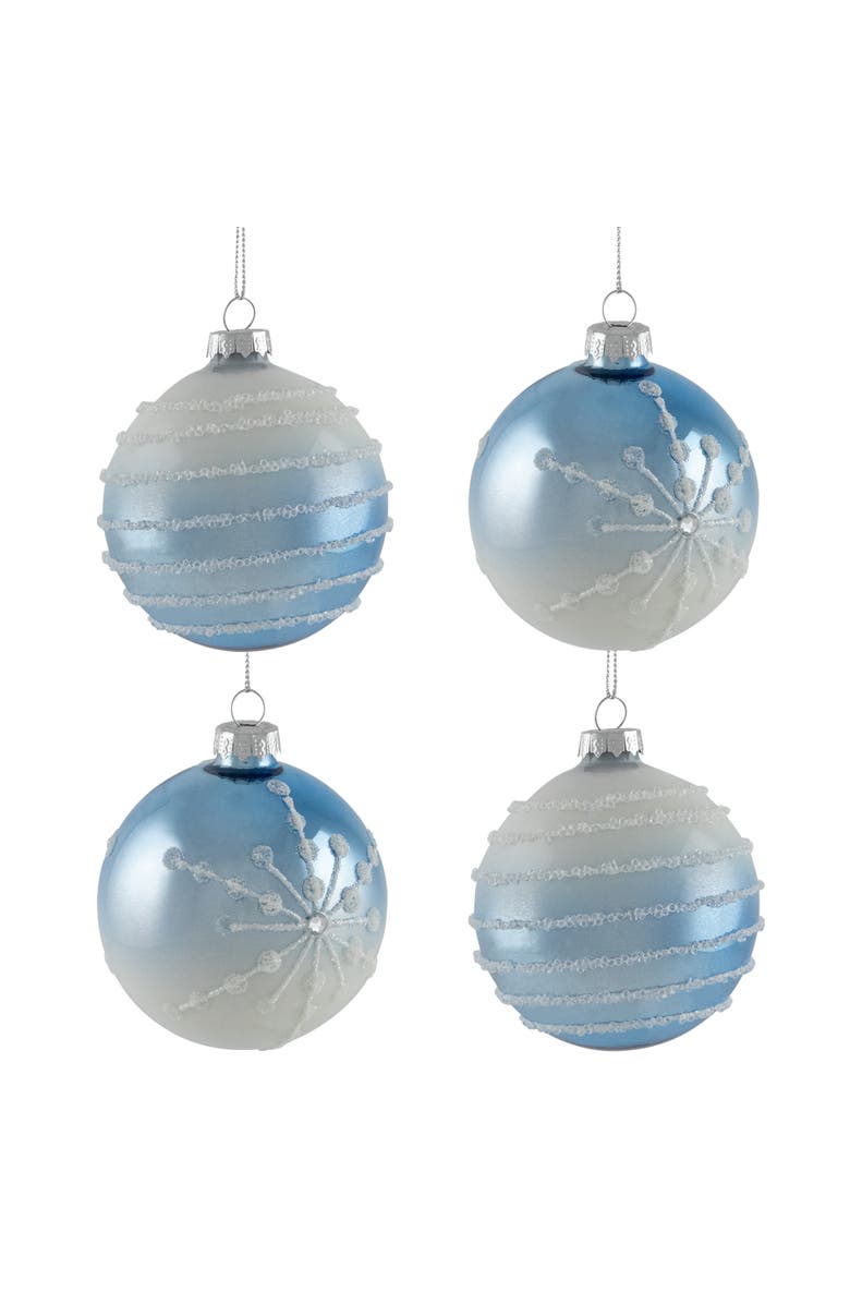 North Star Stripes and Snowflakes Shiny Glass Ball Christmas Ornaments - 3" (80mm) - Blue and White - 4ct, Main, color, Blue