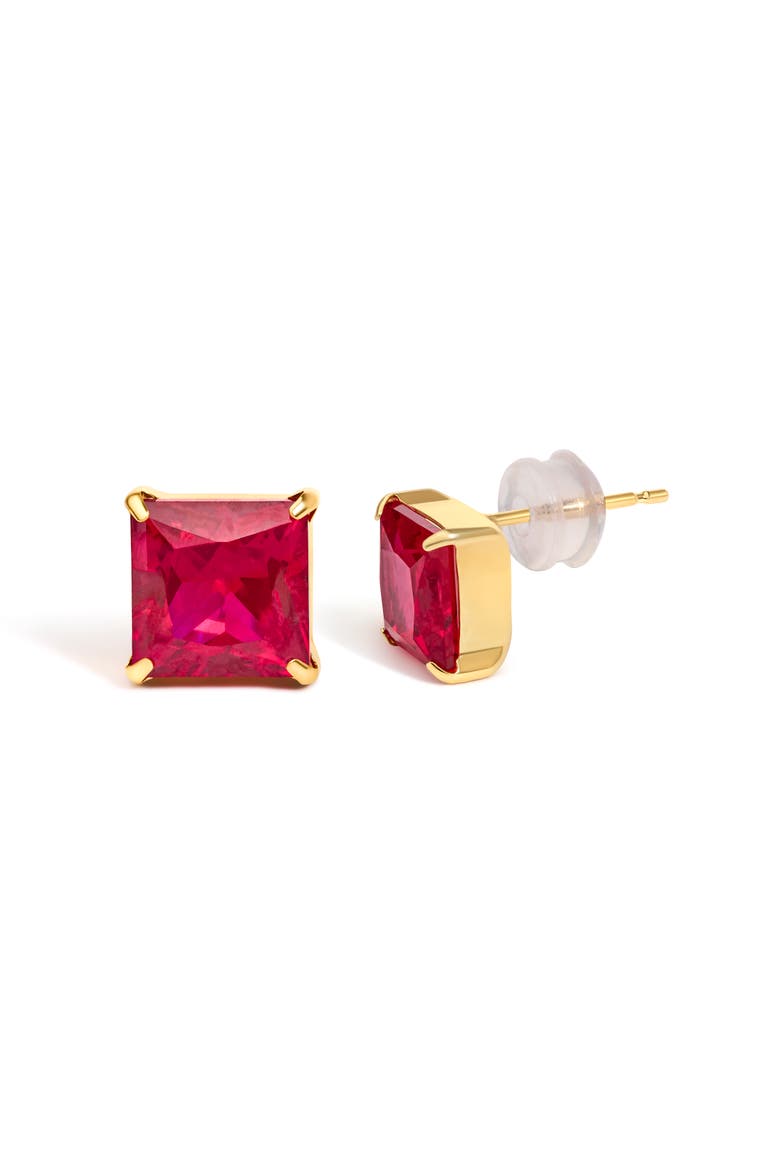 18K Yellow Gold 7x7 MM Created Red Ruby Princess Cut Solitaire Stud Earrings, Alternate, color, Yellow Gold