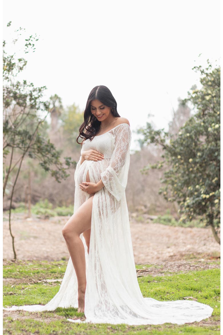 lace off the shoulder maternity dress Momyknows Lace Off Shoulder Ruched Backless Bodycon Maternity Maxi Dress, Black / S