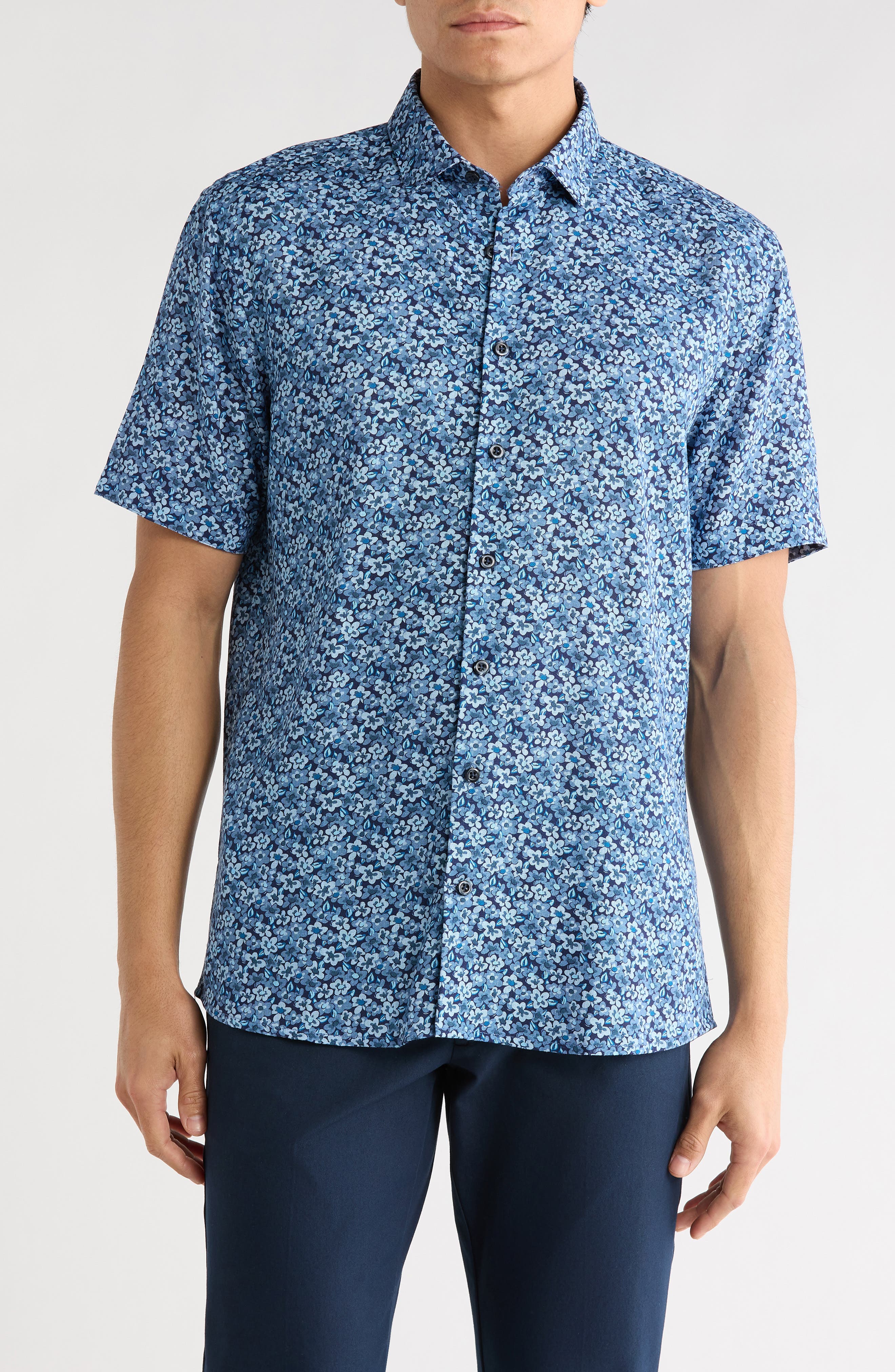 SOUL OF LONDON Floral Short Sleeve Viscose & Linen Button-Up Shirt