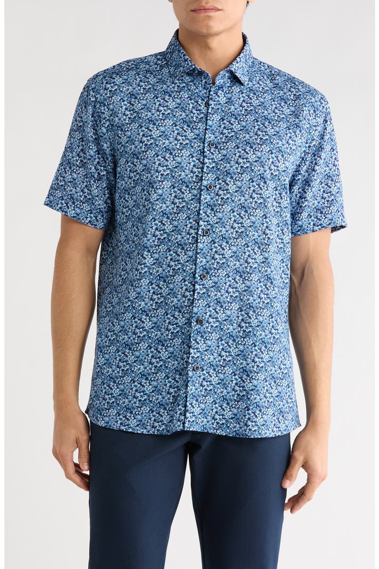 Floral Short Sleeve Viscose & Linen Button-Up Shirt, Main, color, BLUE / BLEU