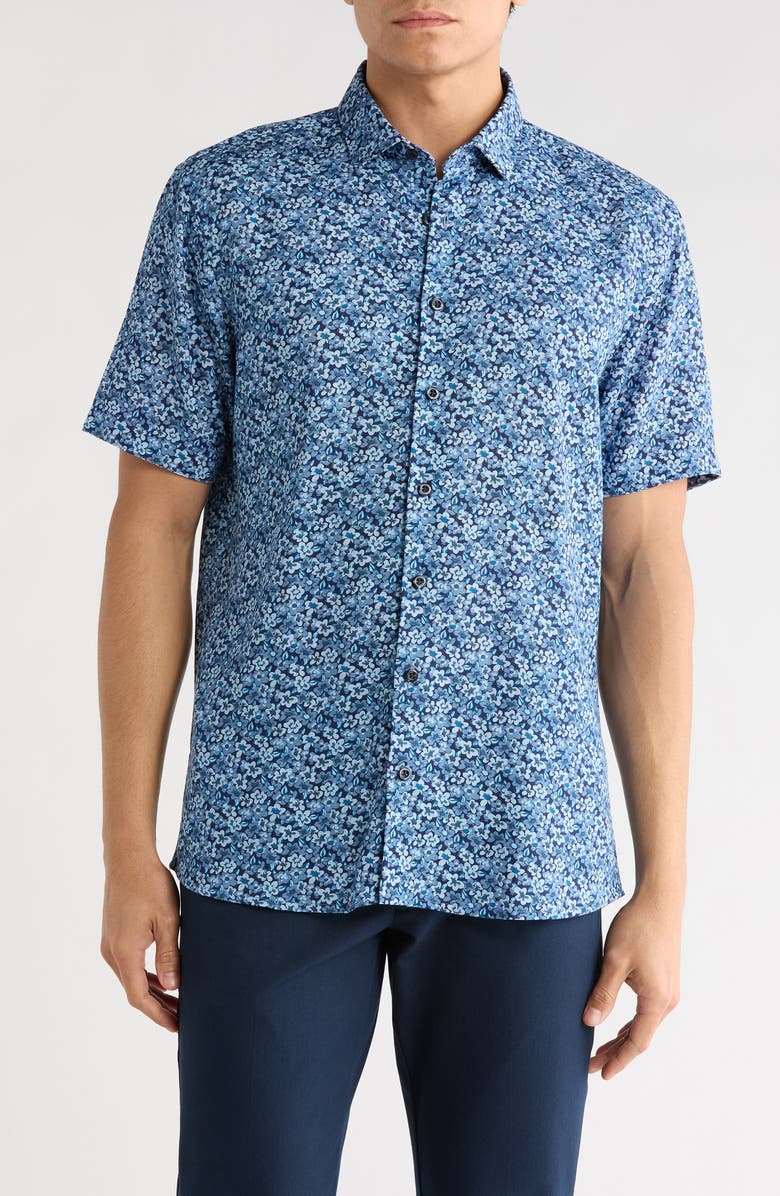 SOUL OF LONDON Floral Short Sleeve Viscose & Linen Button-Up Shirt, Main, color, Blue / Bleu