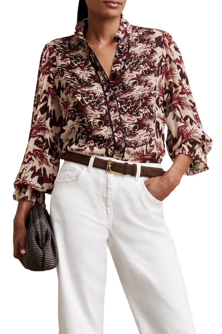 Jules Abstract Ruffle Neck Button-Up Shirt, Main, color, BURGUNDY/CREAM