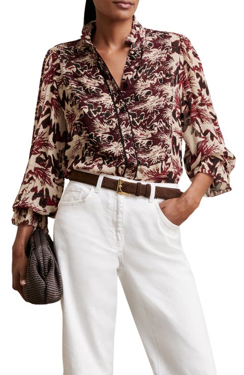 Jules Abstract Ruffle Neck Button-Up Shirt