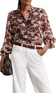 Reiss Jules Abstract Ruffle Neck Button-Up Shirt