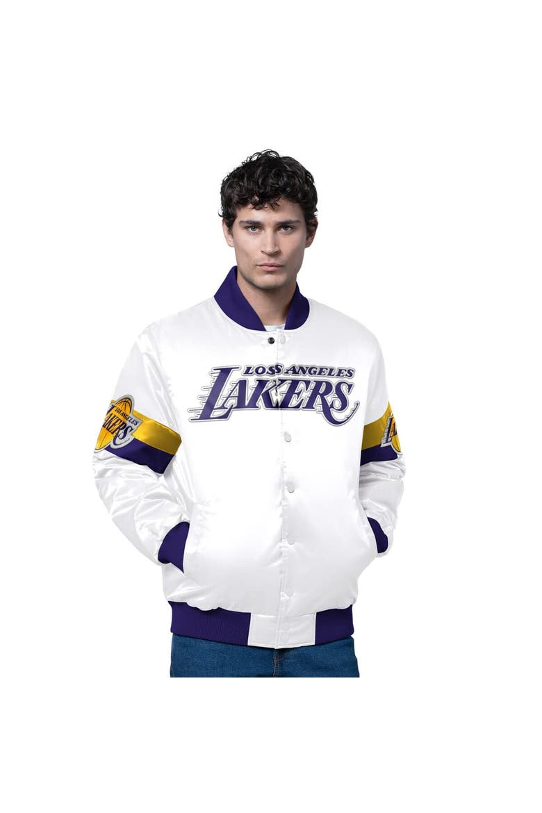 Men's Starter White Los Angeles Lakers Triple Option Varsity Full-Snap Satin Jacket, Main, color, White