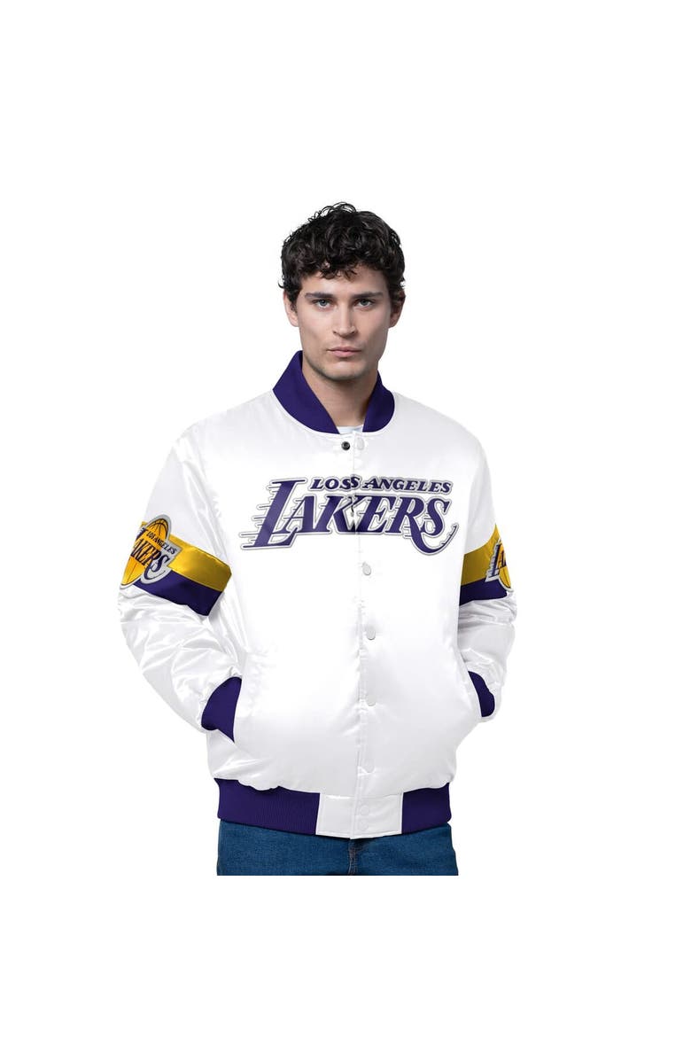 STARTER Men's Starter White Los Angeles Lakers Triple Option Varsity Full-Snap Satin Jacket, Main, color, White