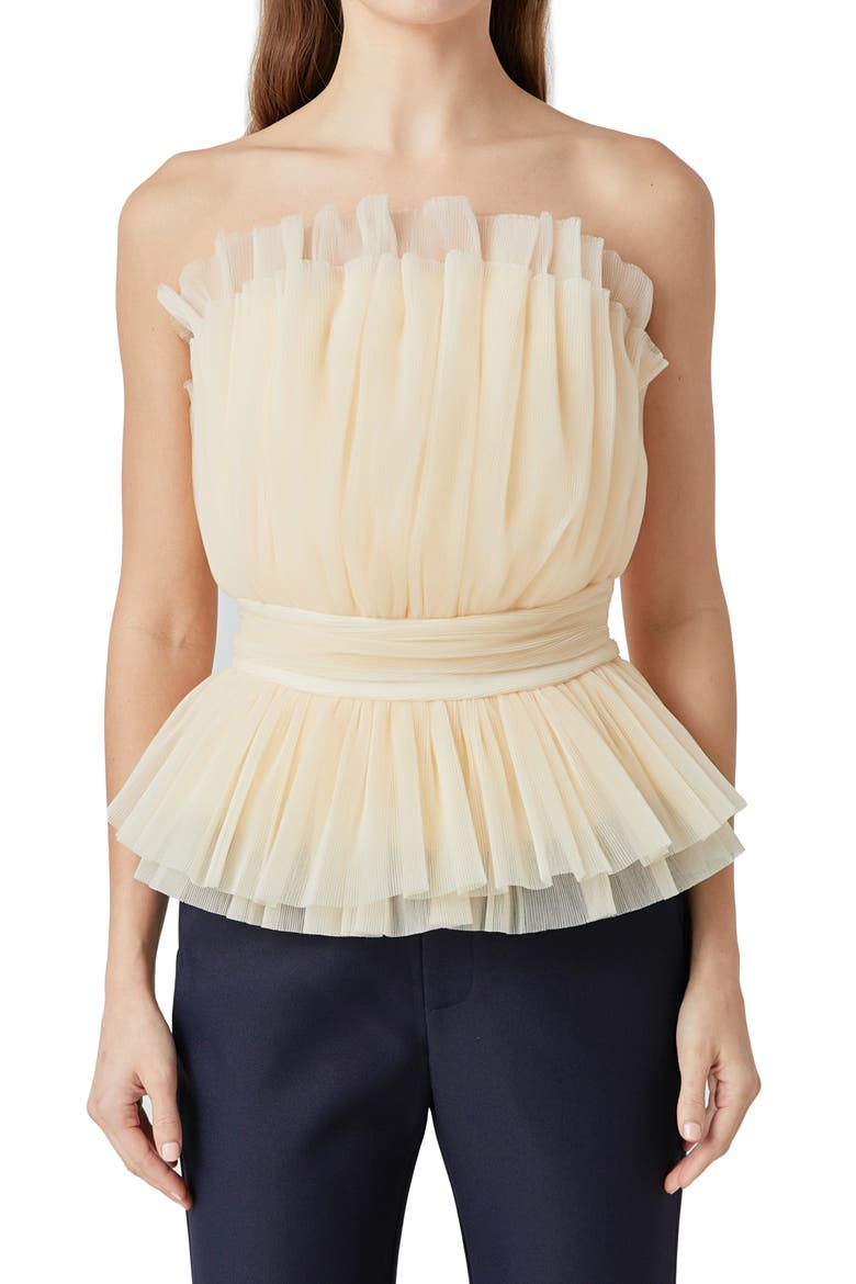 Strapless Tulle Peplum Top, Alternate, color, IVORY
