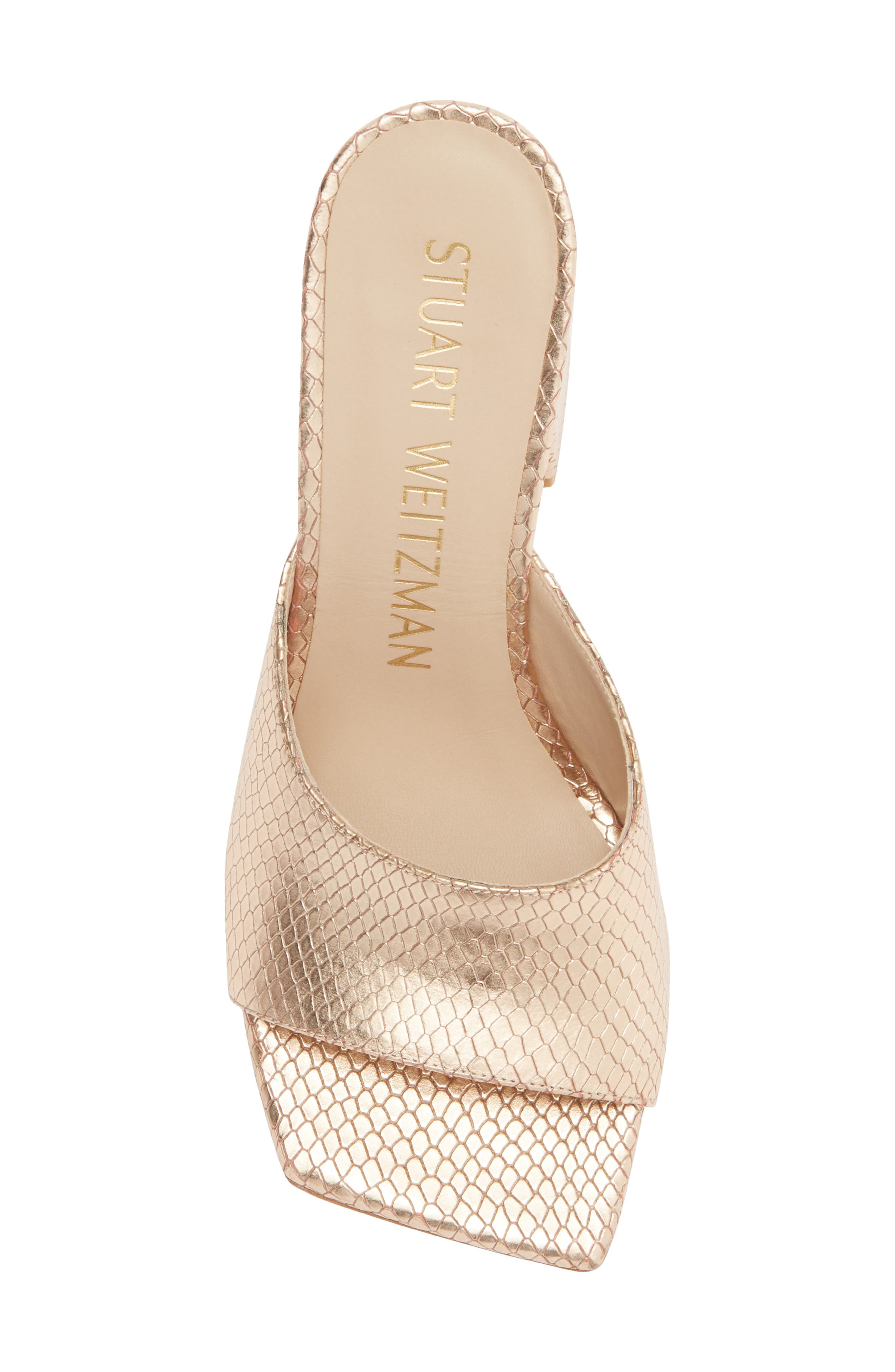 Stuart Weitzman Tia 85 Snakeskin Embossed Flare Block Sandal, Alternate, color, Ballet