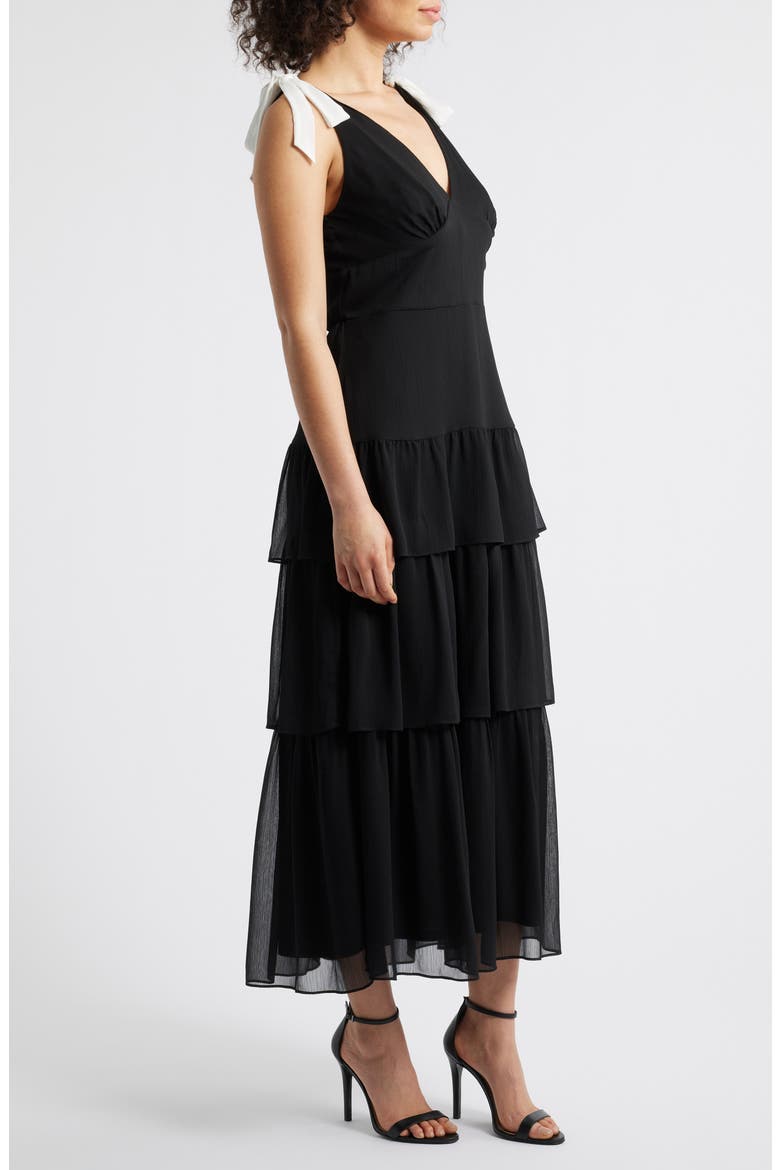 Contrast Bow Detail Tiered Dress, Alternate, color, BLACK WHITE