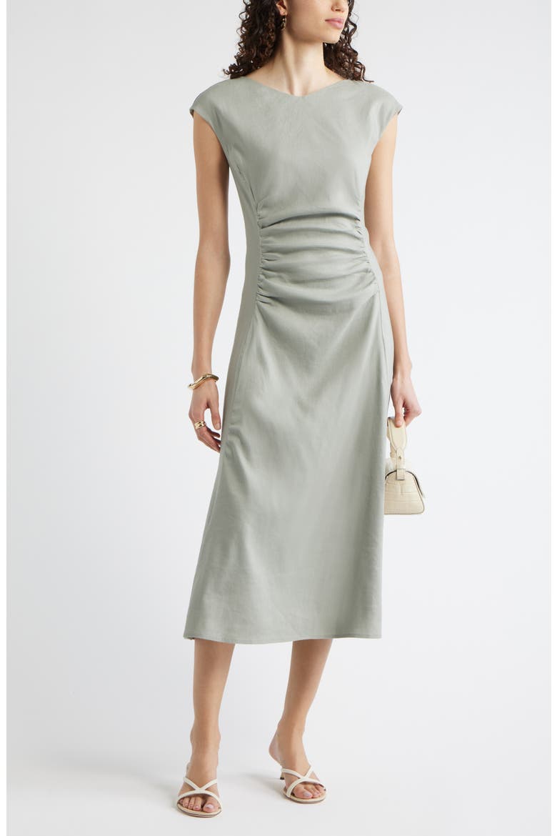 Linen Blend Ruched Midi Dress, Alternate, color, GREEN CHAPARRAL