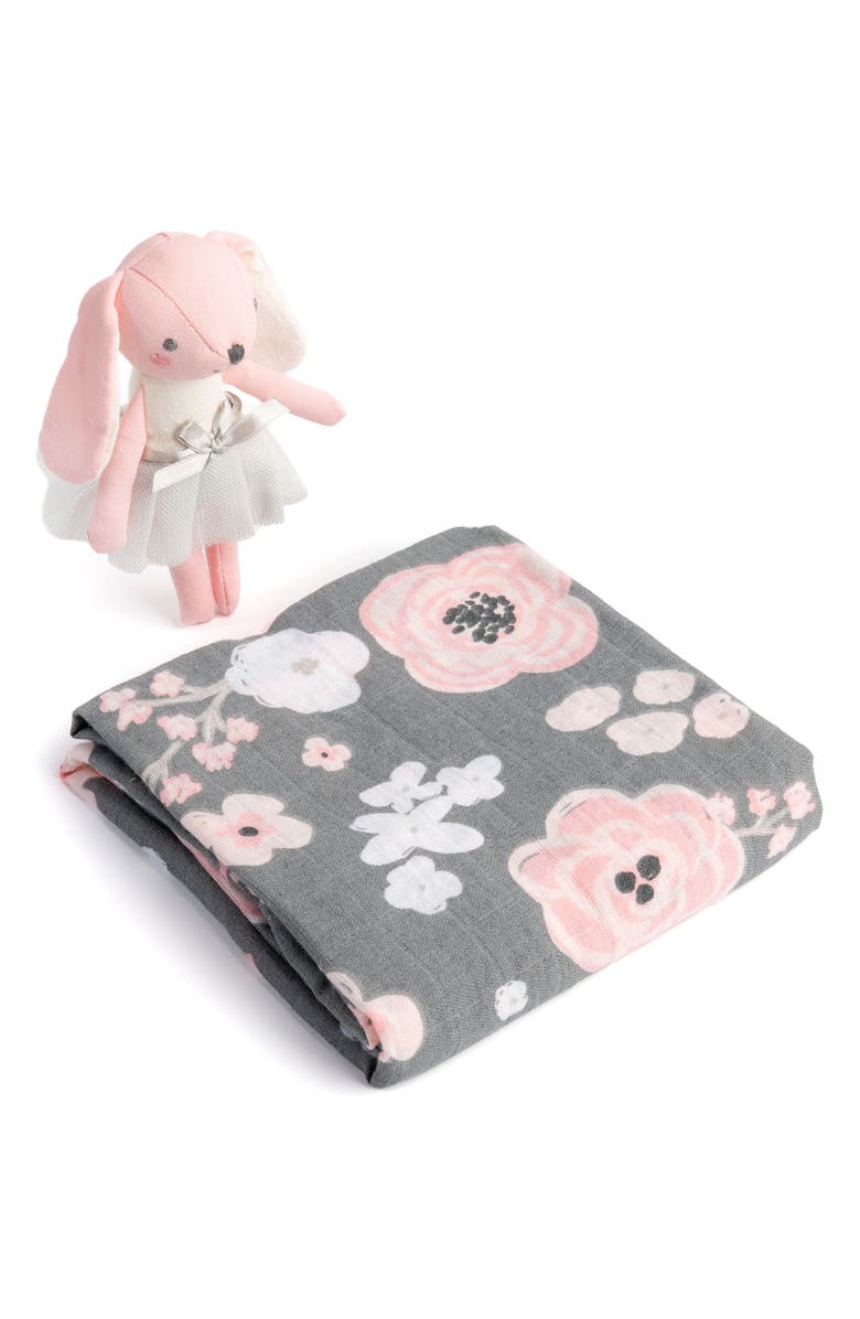 Stephen Joseph Cotton Muslin Swaddle Blanket & Stuffed Animal Gift Set, Main, color, Grey/ Pink