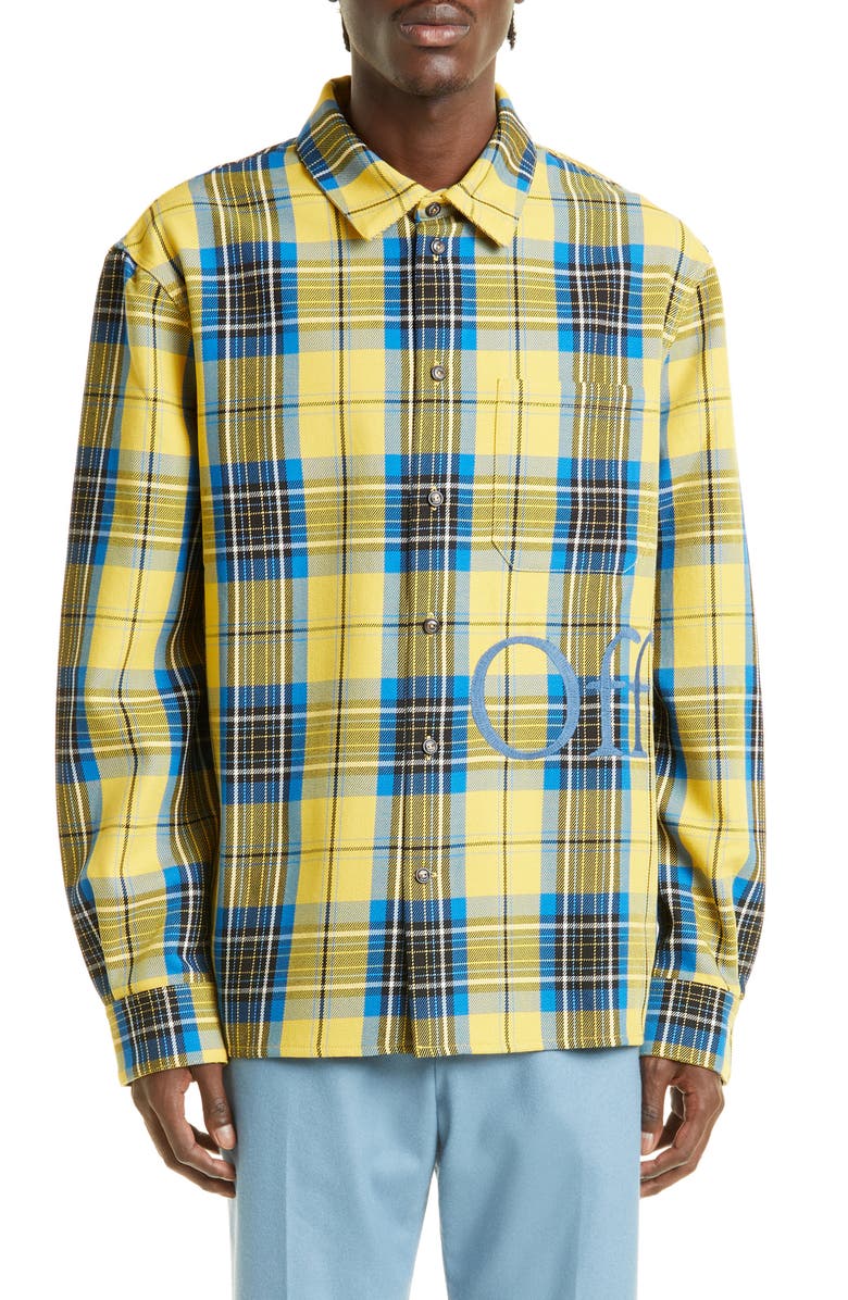 Off-White Embroidered Logo Check Virgin Wool Button-Up Shirt, Main, color, 