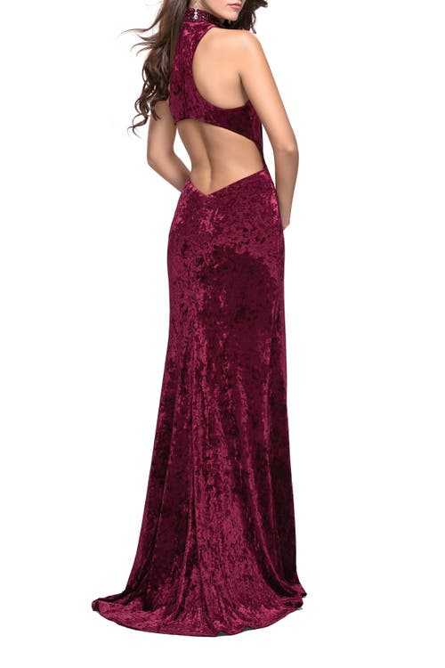 La Femme Long Crushed Velvet Prom Dress With Beaded Choker In Burgundy