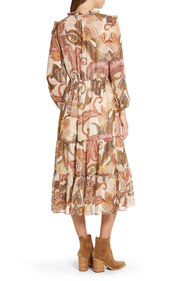 Long Sleeve Tiered Chiffon Midi Dress, Alternate, color, IVORY MULTI