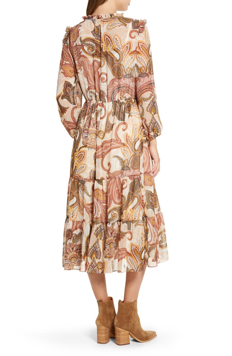 Julia Jordan Long Sleeve Tiered Chiffon Midi Dress, Alternate, color, Ivory Multi