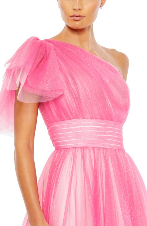 Mac Duggal Glitter Ombre Ruffled One Shoulder Ballgown In Hot Pink Ombre