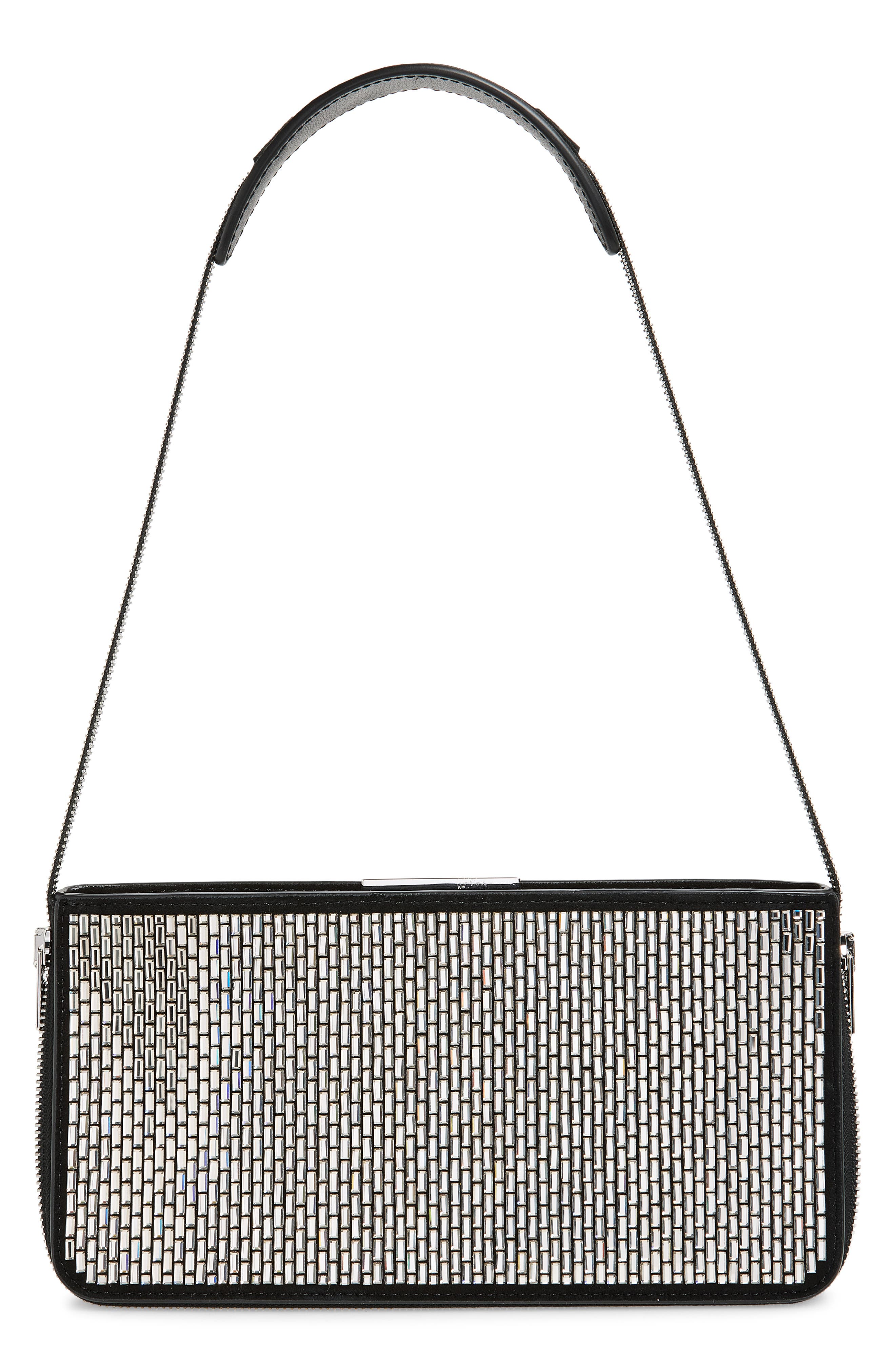 Siren Pochette Crystal Embellished Leather Shoulder Bag, Alternate, color, BLACK