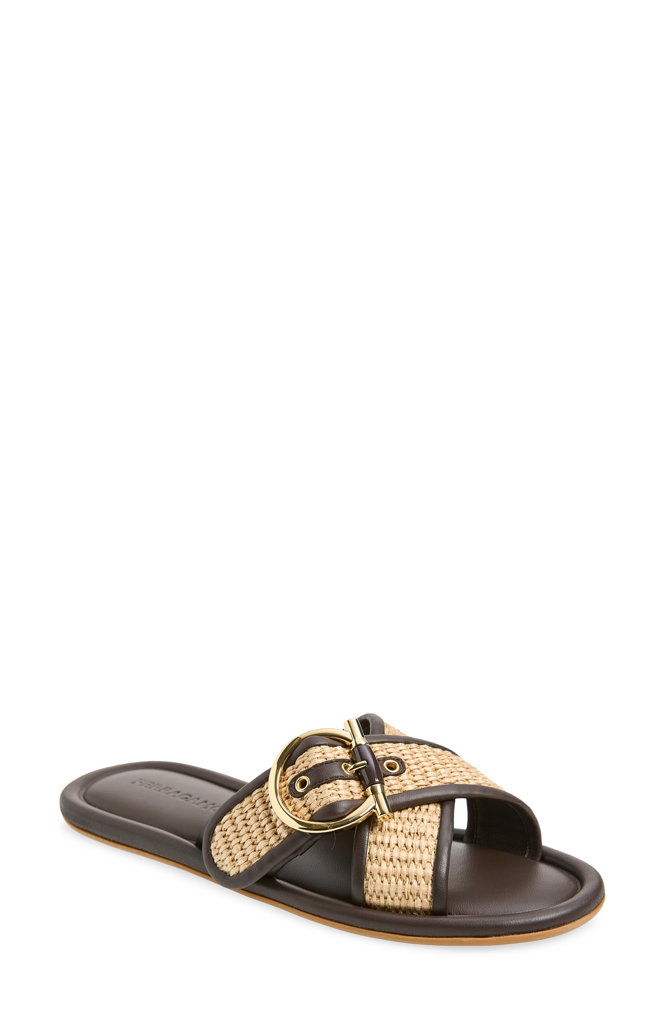 FERRAGAMO Elyzia Raffia Slide Sandal, Main, color, Naturale Testa Di Moro