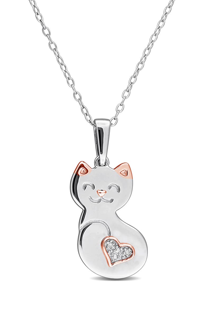 DELMAR Diamond Accent Cat Heart Pendant Necklace - 0.01ctw, Main, color, Silver