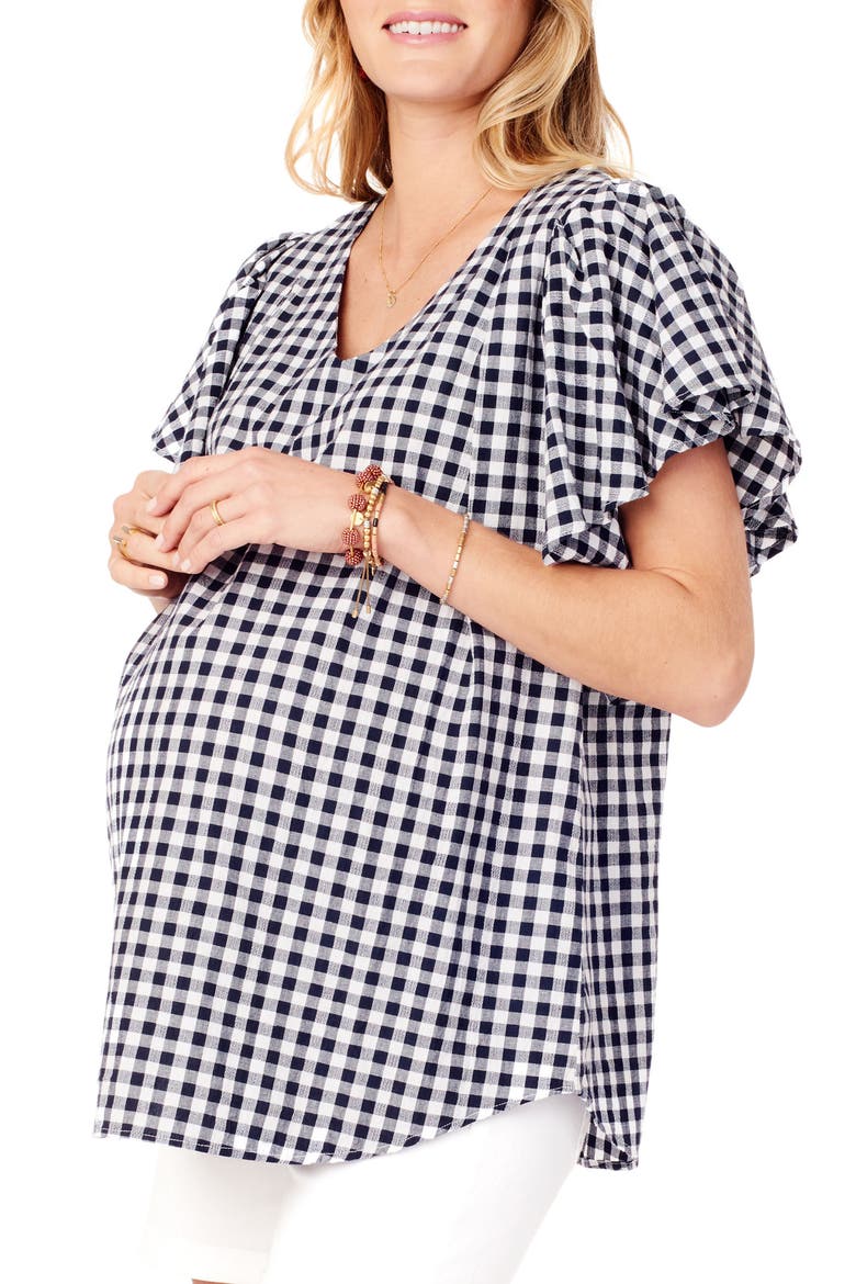 Ingrid & Isabel® Flutter Sleeve Maternity Top, Alternate, color, TRUE NAVY GINGHAM