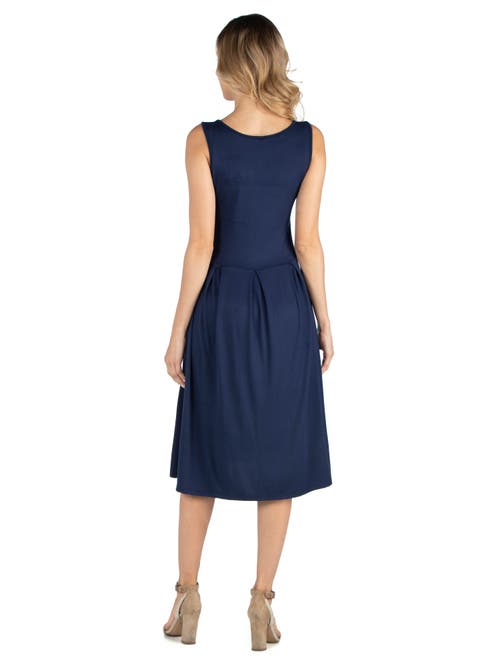24seven Comfort Apparel Maternity Fit And Flare Sleeveless Midi Dress With Pockets In Blue