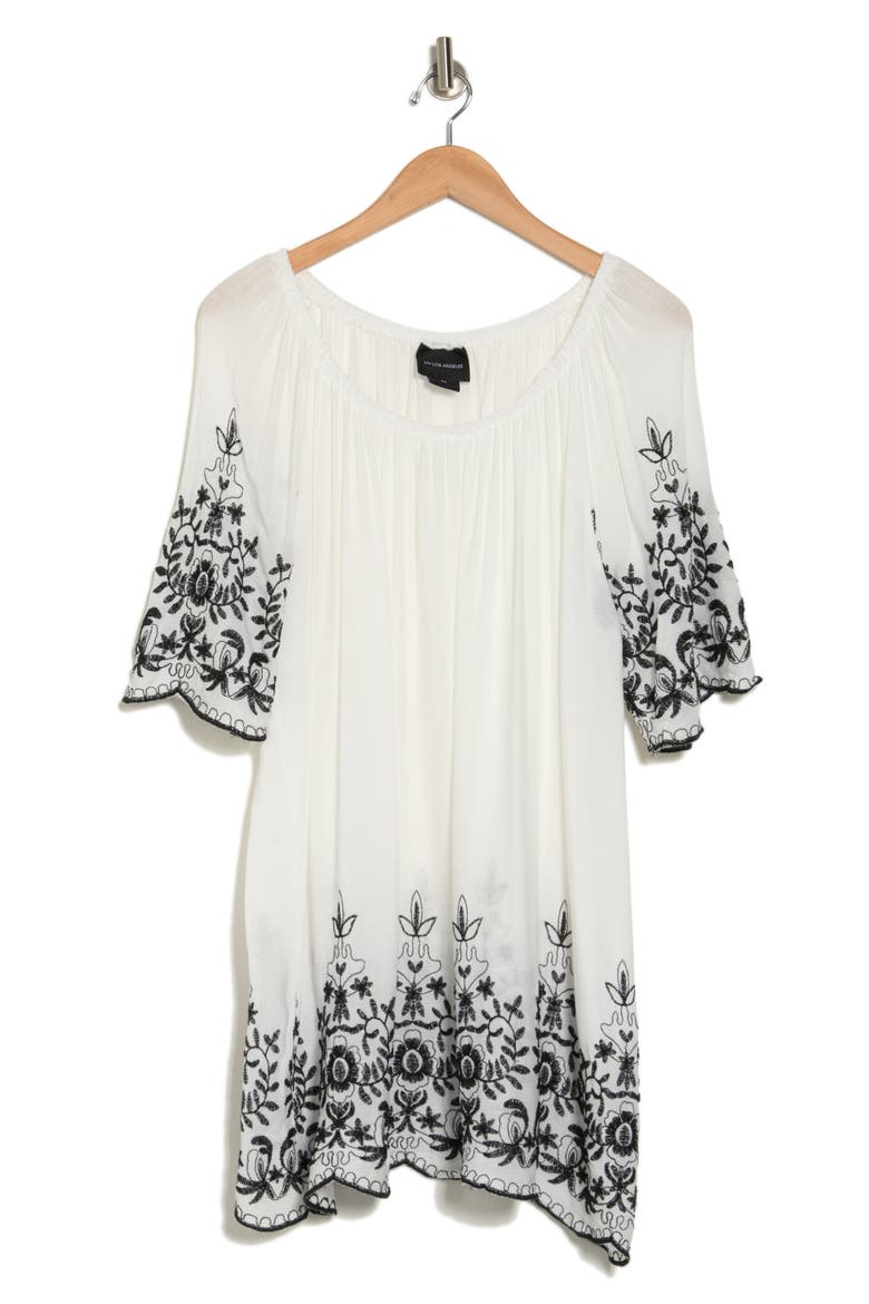 Embroidered Trim Peasant Tunic Top, Alternate, color, WHITE/BLACK