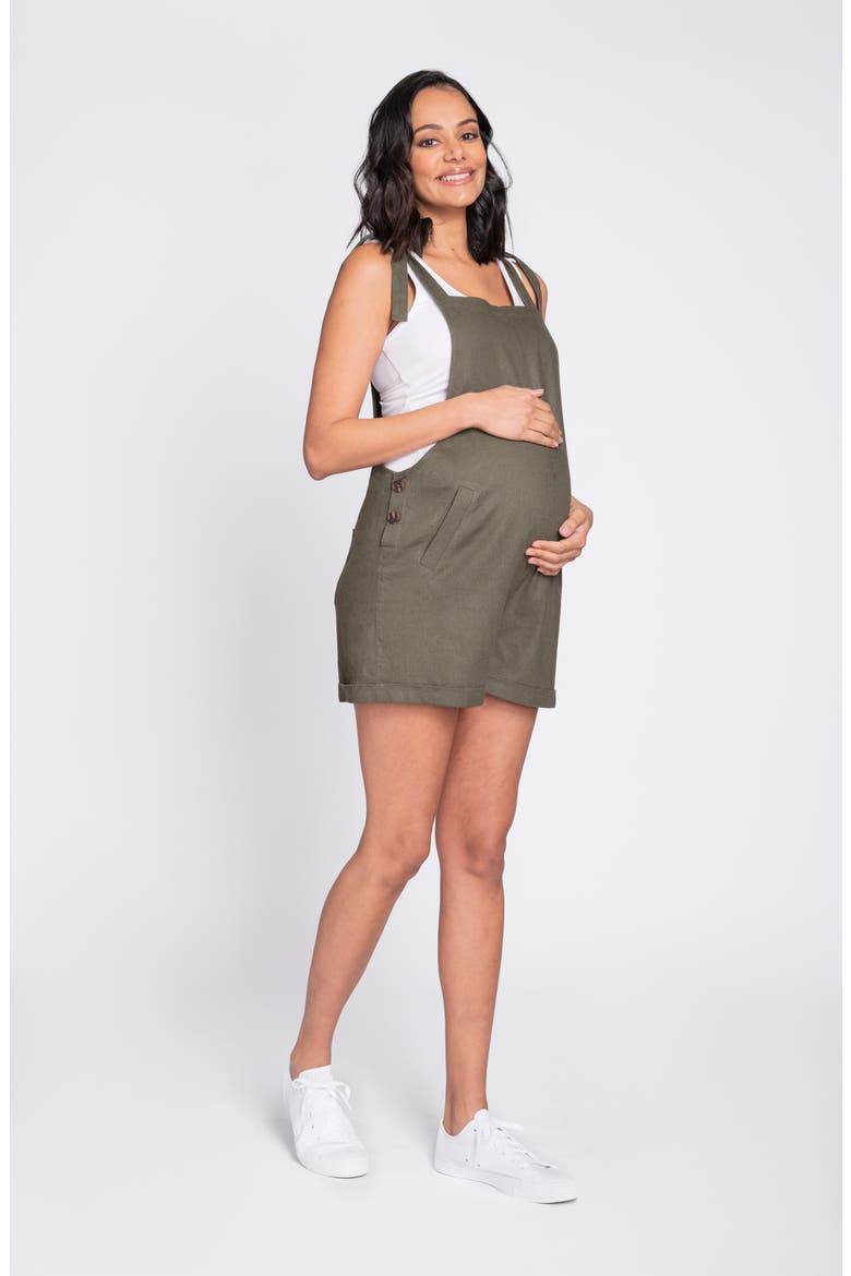 Linen Blend Maternity Shortalls, Alternate, color, KHAKI