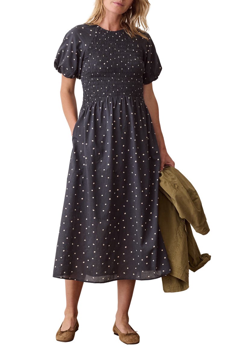 Gigi Smocked Cotton Blend Midi Dress, Main, color, NAVY POLKA DOT