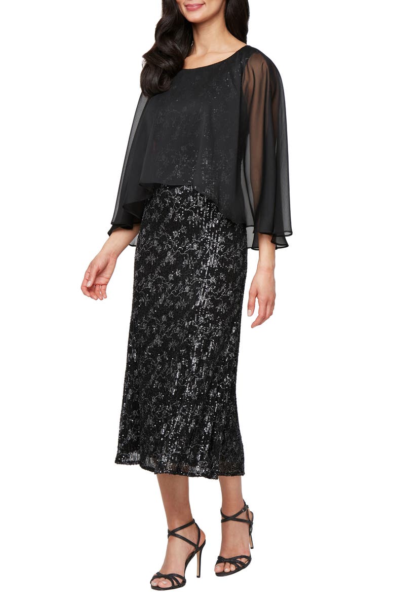 SL FASHIONS Chiffon Overlay Sequin Detail Cocktail Dress, Main, color, Black Silver