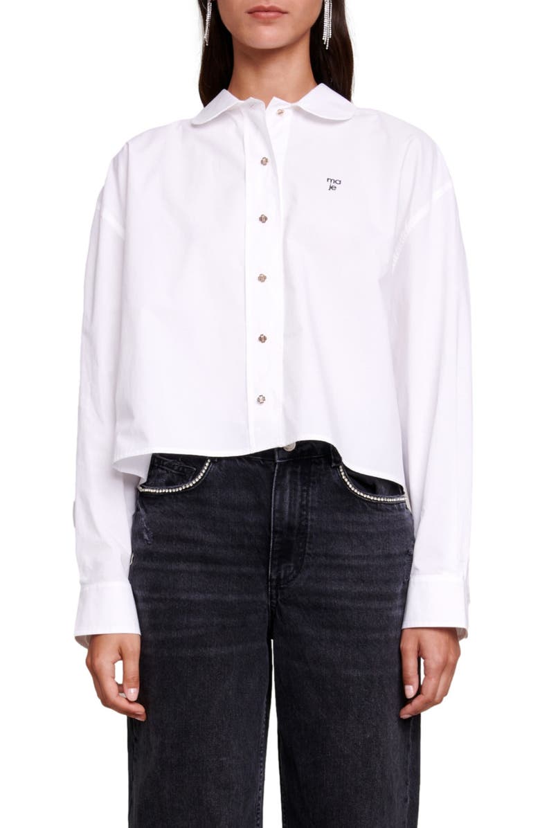 maje Cimidis Embroidered Logo Crop Cotton Button-Up Shirt, Main, color, 