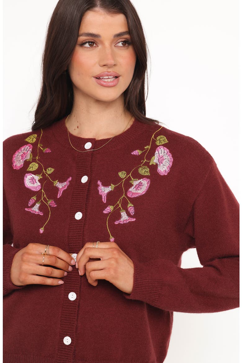 Brittany Floral Embroidered Cardigan Sweater, Alternate, color, BURGUNDY