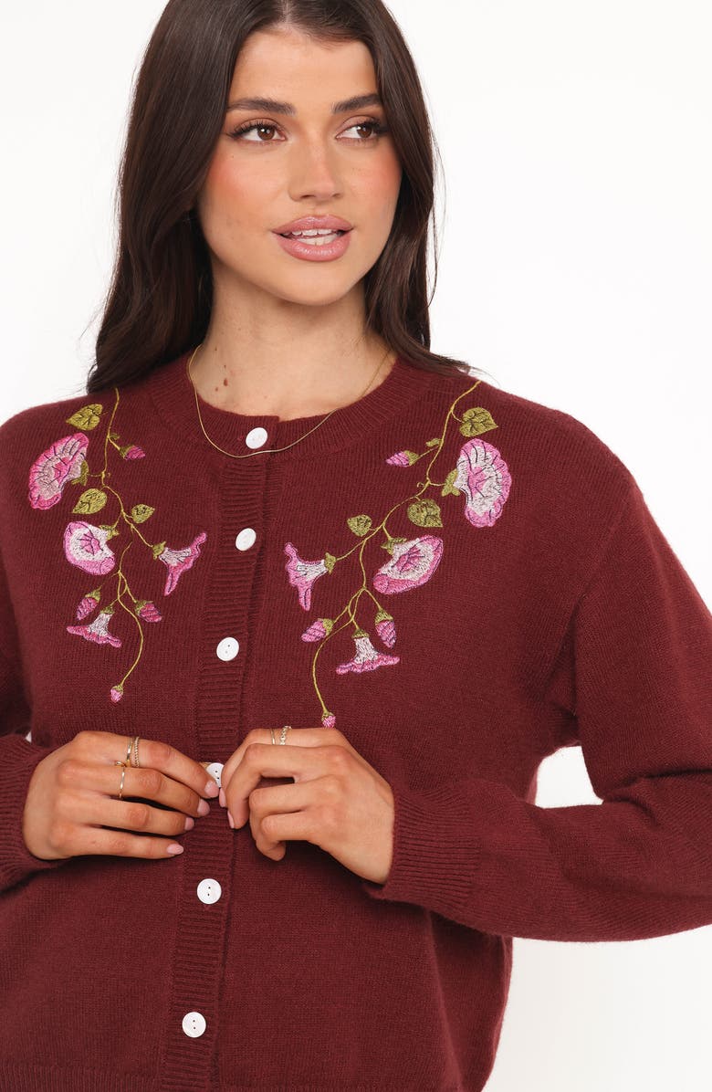Petal & Pup Brittany Floral Embroidered Cardigan Sweater, Alternate, color, Burgundy
