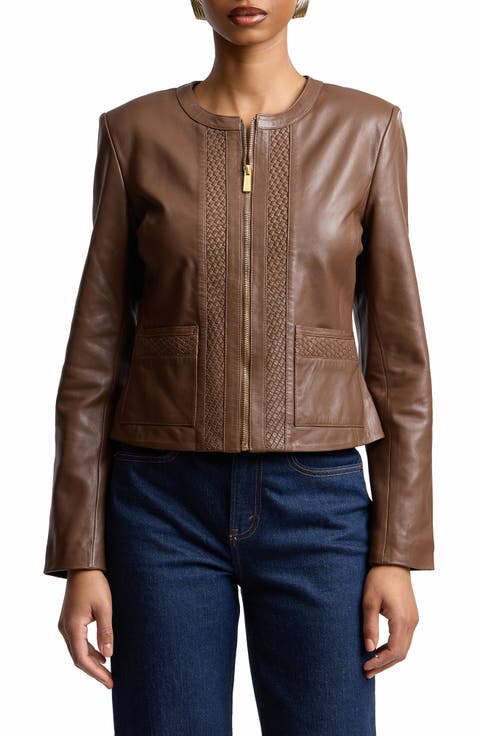 Basketweave Detail Leather Jacket