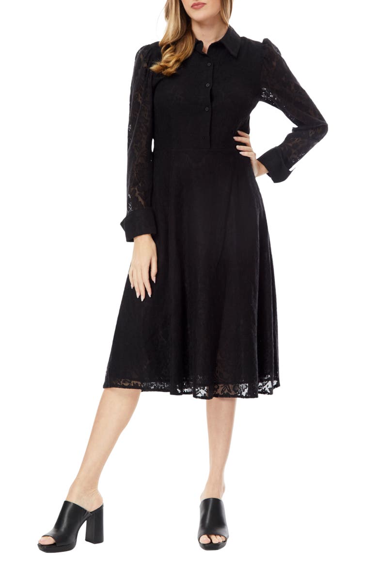 Ellen Lace Long Sleeve Shirtdress, Main, color, BLACK