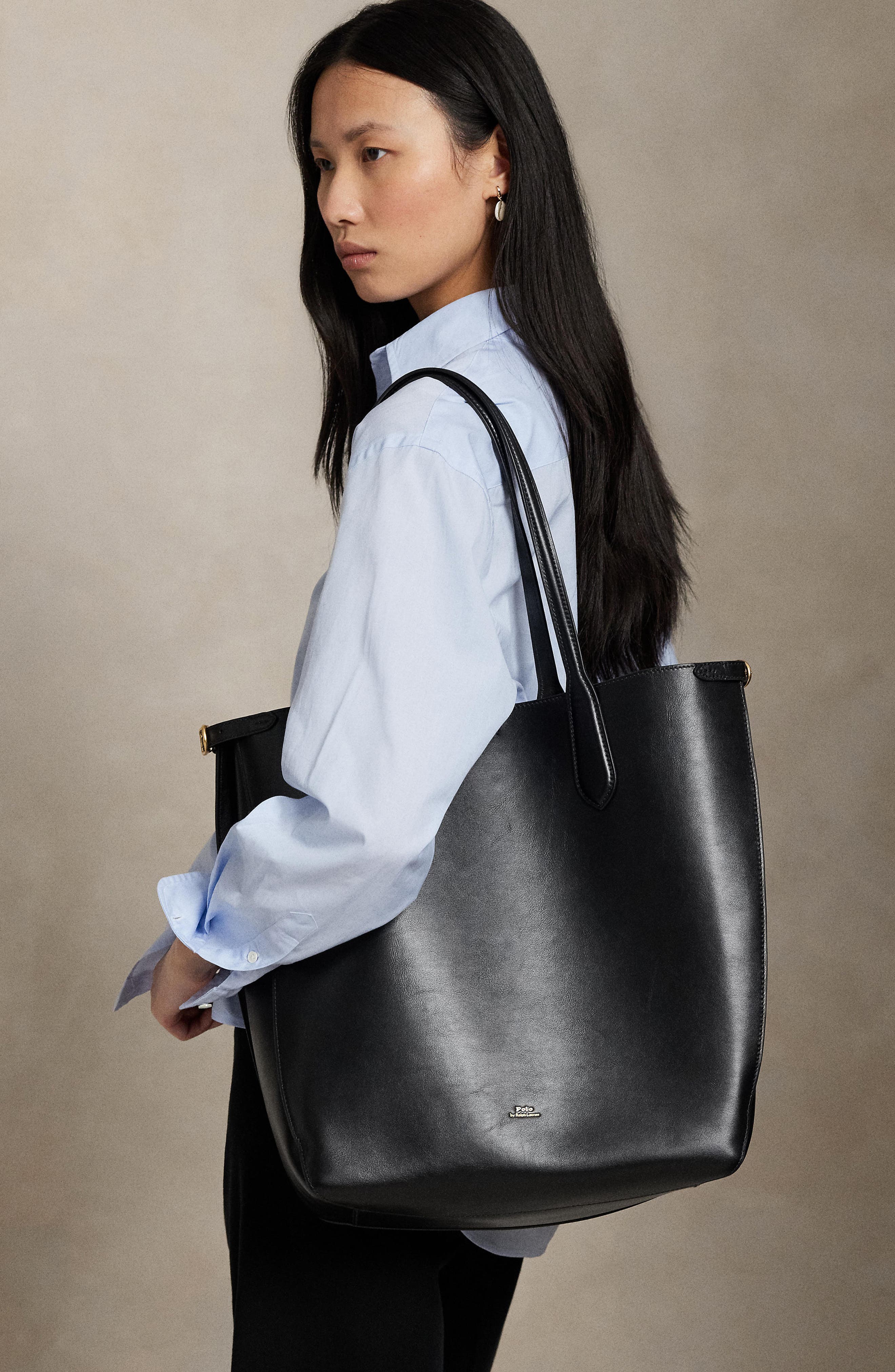 Polo Ralph Lauren Calfskin Leather Tote Bag, Alternate, color, Black