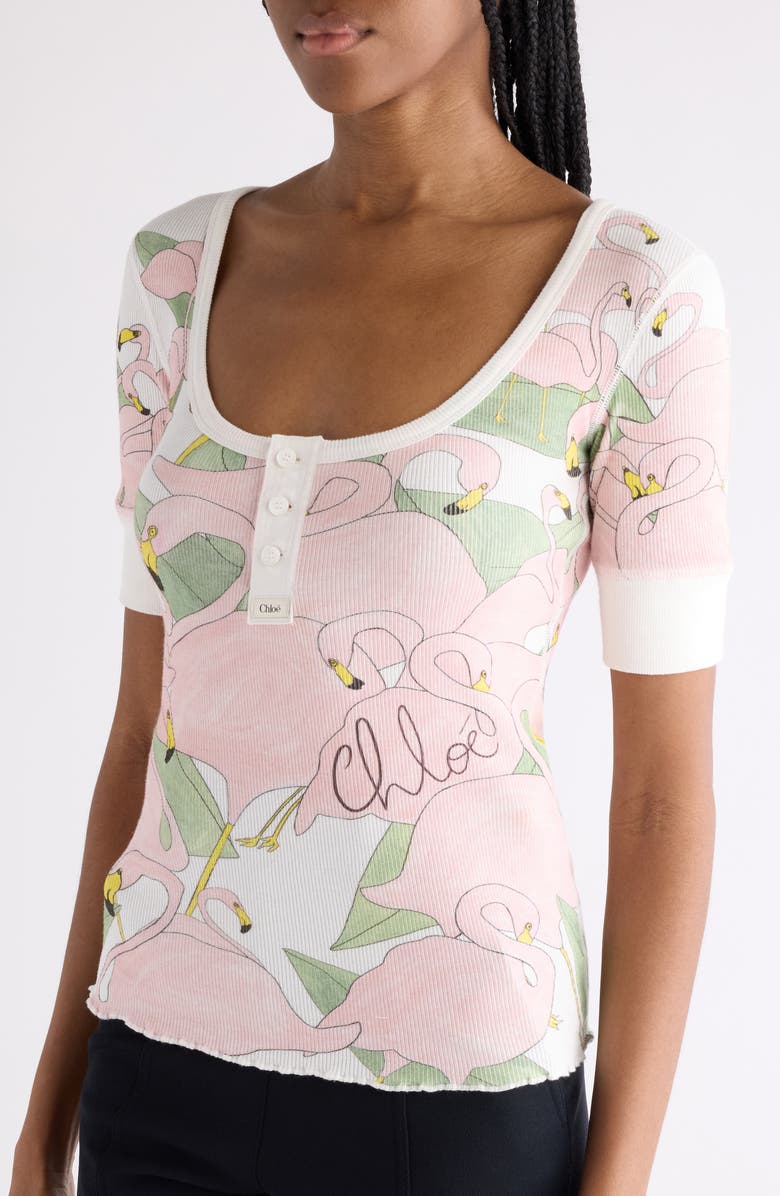 Chloé Flamingo Print Rib Jersey Henley, Alternate, color, Iconic Milk
