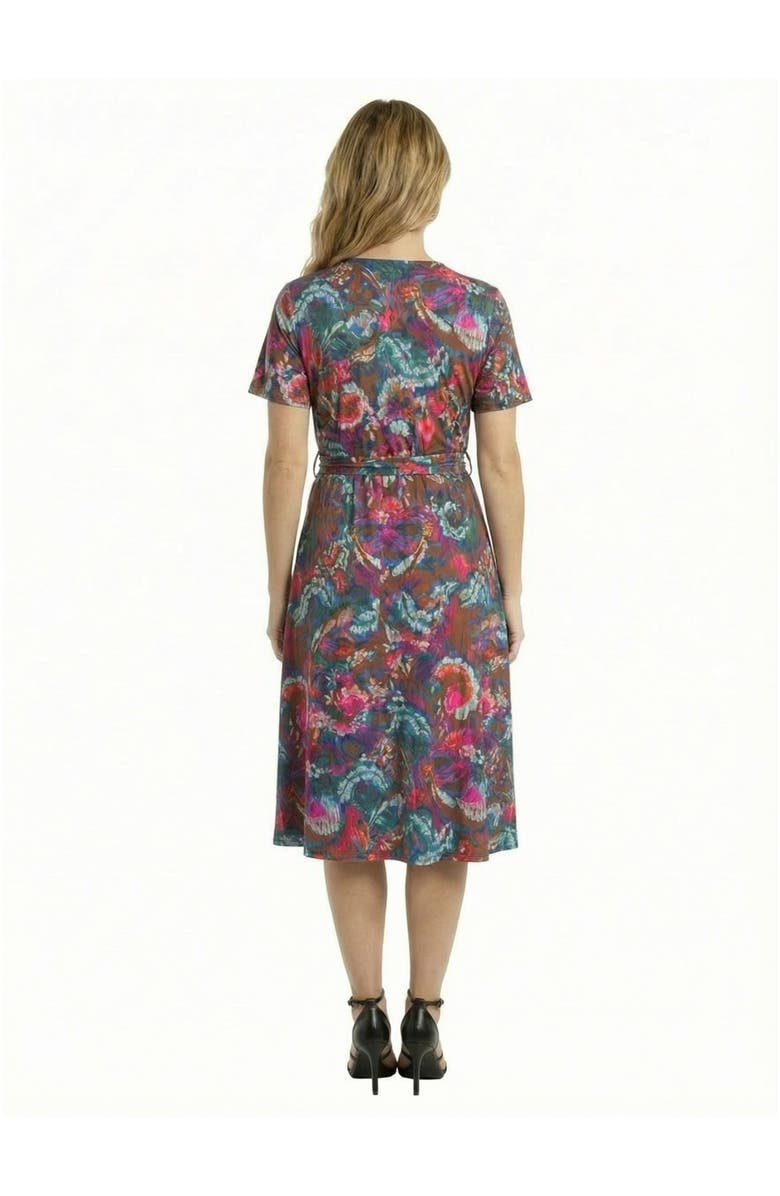 24seven Comfort Apparel Essential Petite Paisley Print Short Sleeve Tie Waist Midi Dress, Alternate, color, Brown Multi