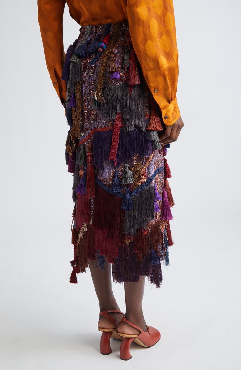Dries Van Noten Sokna Tassel Trim Cloqué, Fringe & Tweed Midi Skirt, Alternate, color, Burgundy