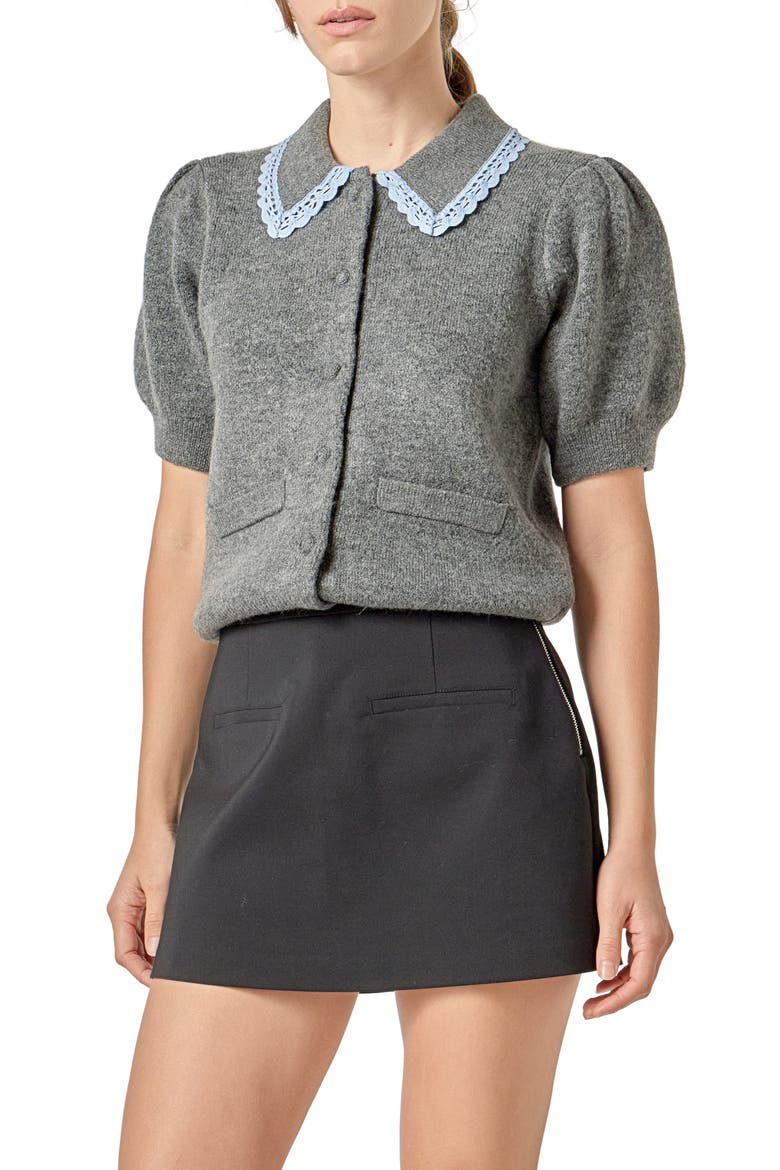 Lace Trim Puff Sleeve Cardigan, Alternate, color, HEATHER GREY
