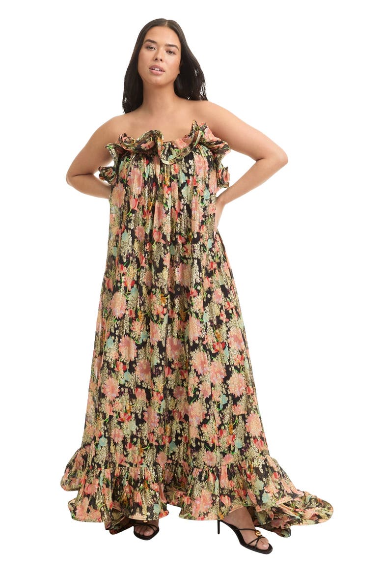 Ruffled Metallic Strapless Maxi Dress, Main, color, BLACK TEXTURED WALLFLOWER