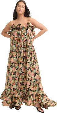 June + Vie Ruffled Metallic Strapless Maxi Dress