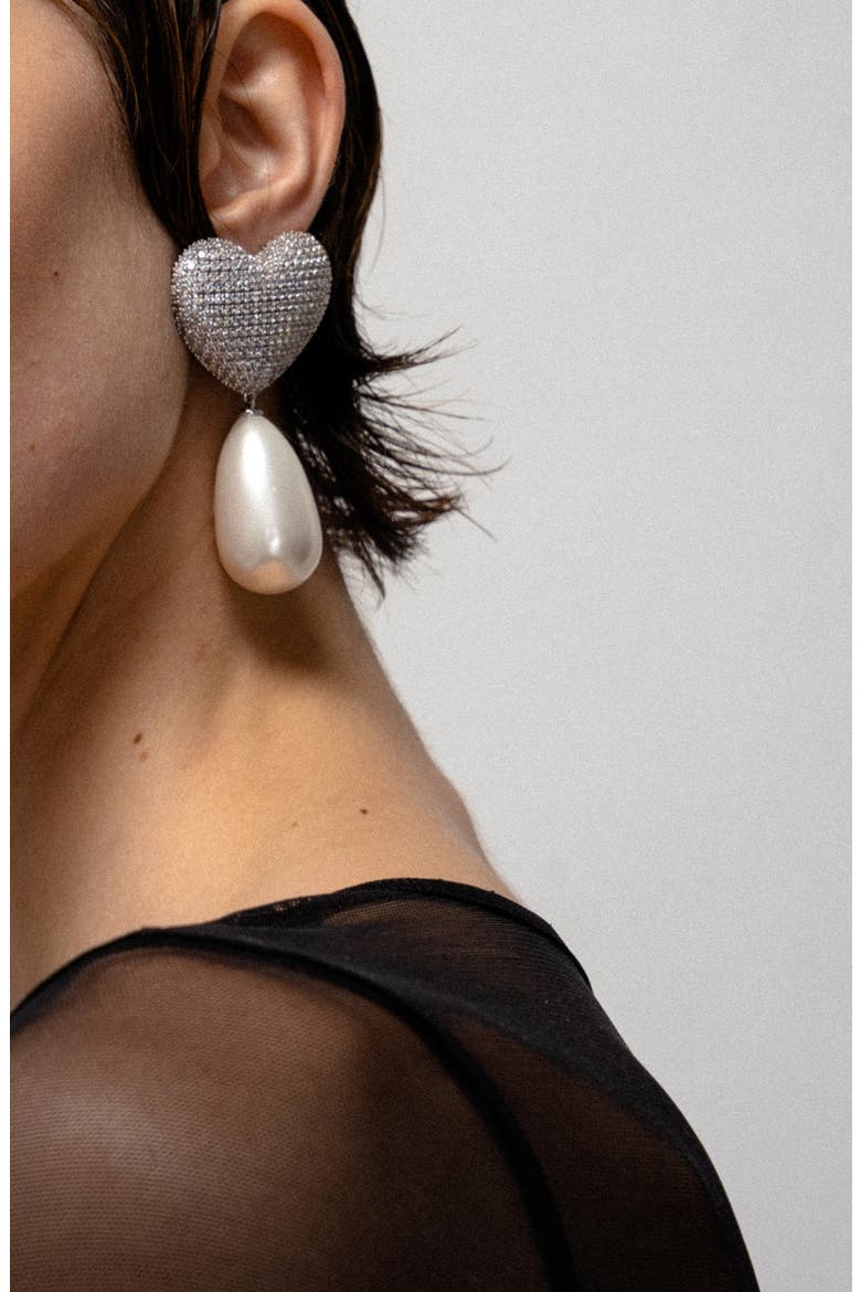 Frances Pavé Crystal Heart & Faux Pearl Clip-On Earrings, Alternate, color, SILVER PEARL