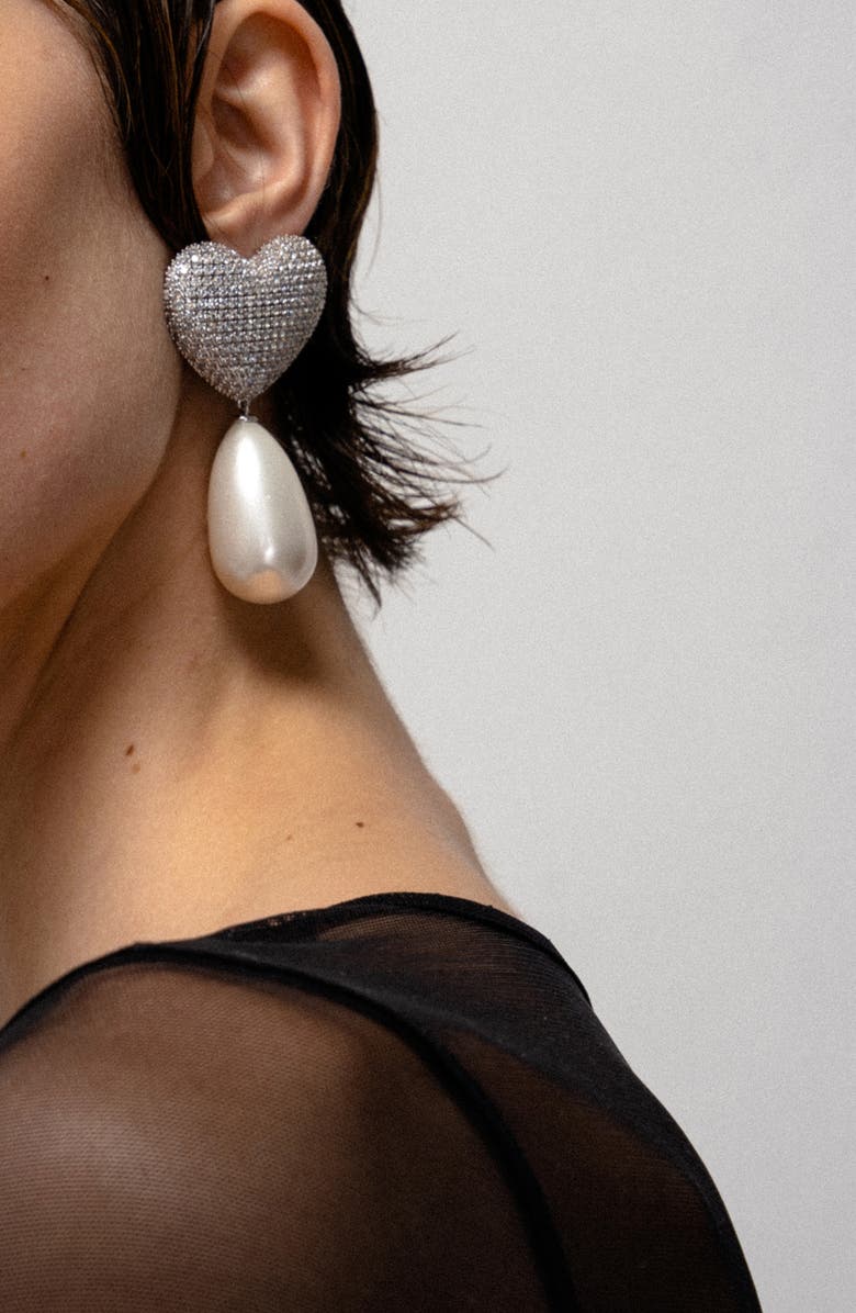 Julietta Frances Pavé Crystal Heart & Faux Pearl Clip-On Earrings, Alternate, color, Silver Pearl