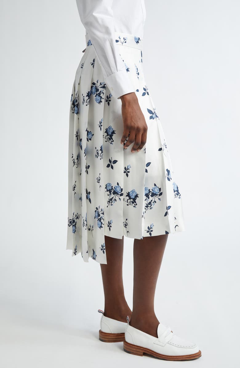 Thom Browne Rose Print Pleated Silk Twill Skirt, Alternate, color, 