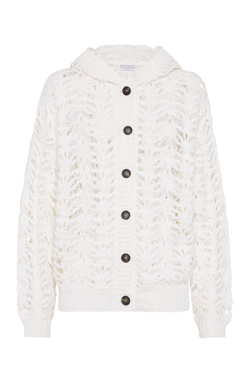 Brunello Cucinelli Foliage Lace Hooded Cardigan In Linen And Silk Diamond Yarn In White