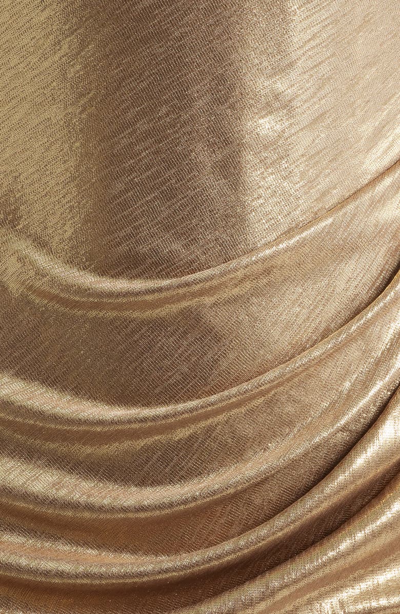 Black Halo Marika Metallic Draped Long Sleeve Gown, Alternate, color, Liquid Gold